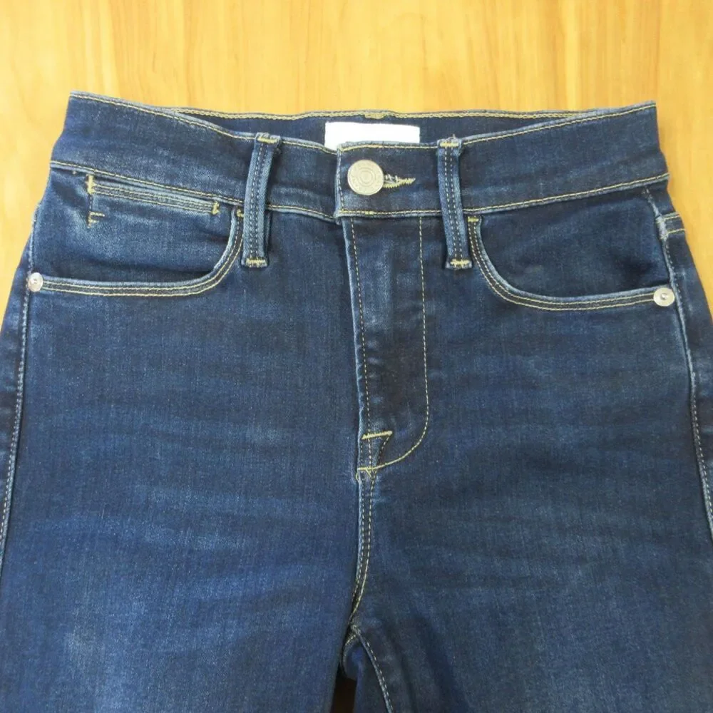 FRAME Le High Rise‎ Straight Leg Jeans Size 25 Sanctuary Dark Blue Denim Raw Hem